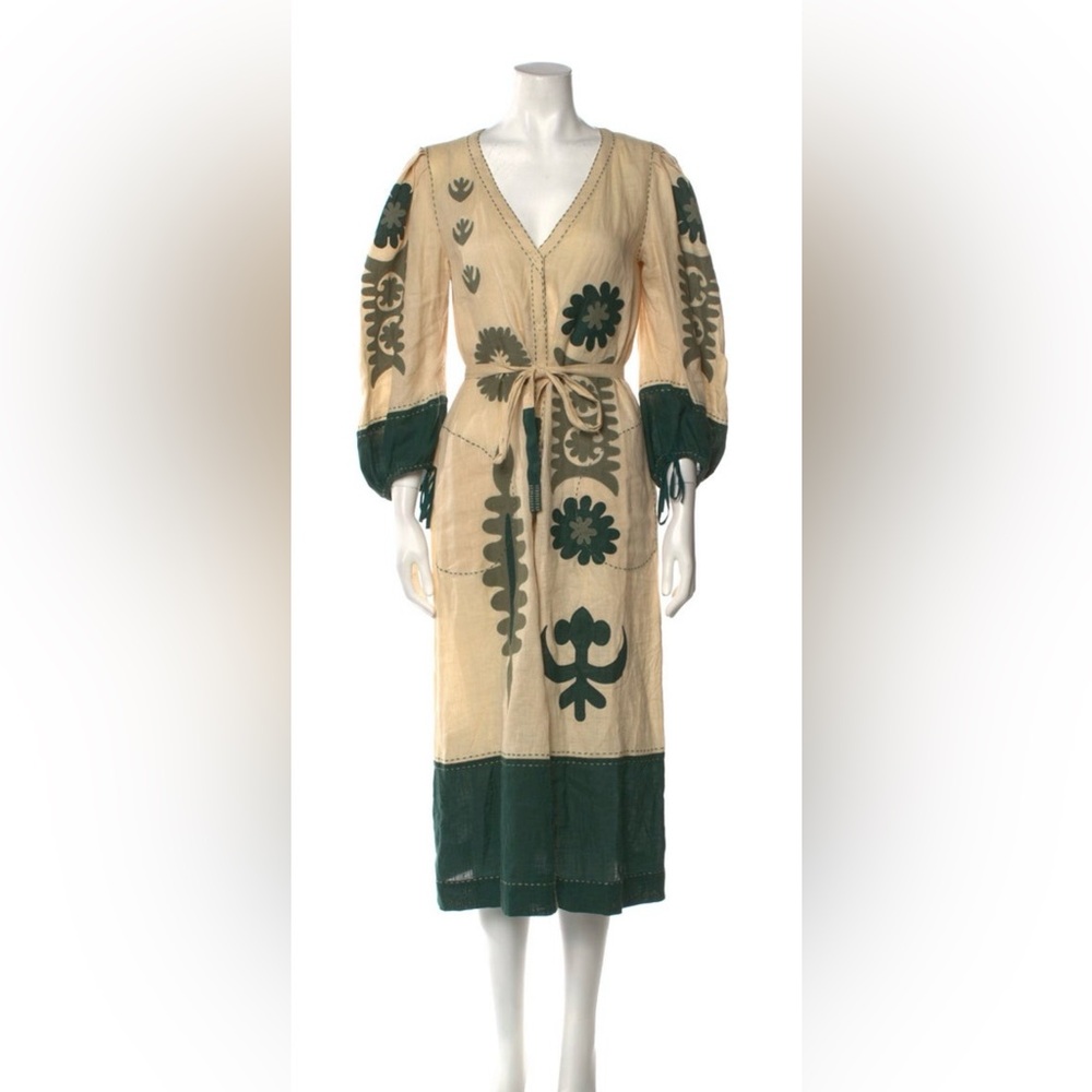 Boho Embroidered Maxi Dress in Natural and Forest Green Hand Made Printed size S